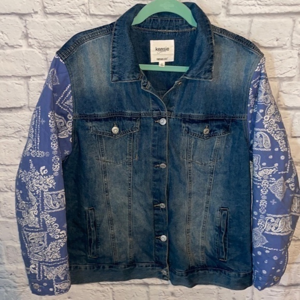 Kensie Denim Mixed Media Paisley Bandana Quilted Sleeve Down Jean Jacket